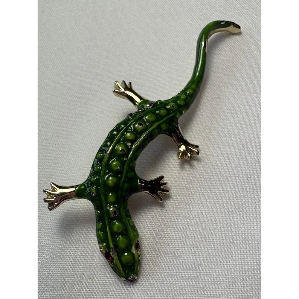 Vintage 80s Green Enamel Lizard Gecko Brooch Pin Set 2pc Mother Baby Reptile